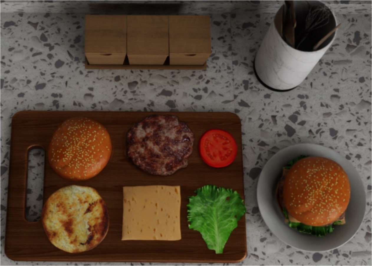 Recipe-conditioned hamburger assembly task