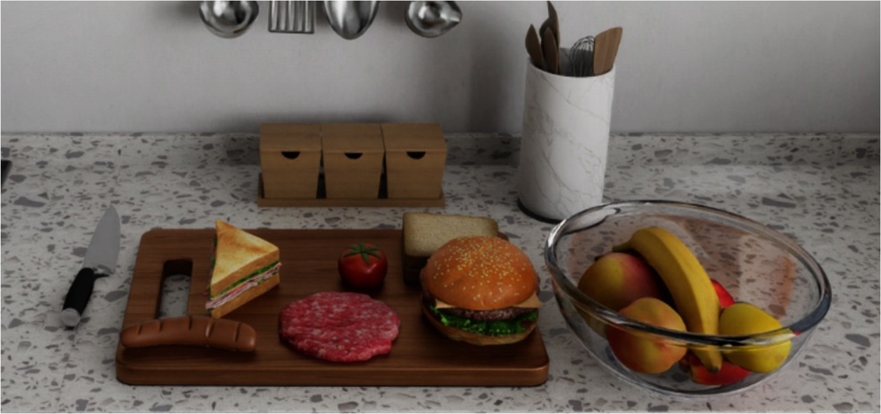 Illustrative simulation assets for food ingredients, containers, and kitchen tools
